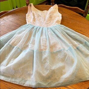 Vintage 50s Elegant Blue White Lace Chiffon Fit and Flare Dress XS Petite